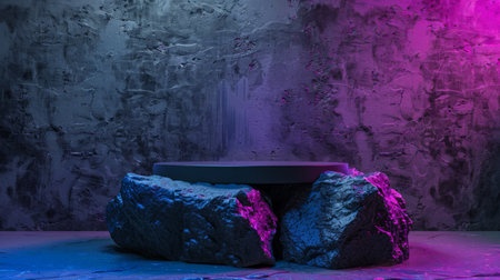A sleek, obsidian rock podium stands against a cyan cement wall with a matte finish. Intense, purple studio lights add a touch of mystery.の素材