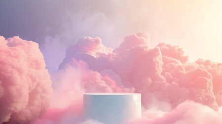 A smooth cylindrical podium stands isolated on a pastel background with abstract, dreamy cloud patterns. Soft, white studio lighting creates a serene ambiance for product presentation.の素材