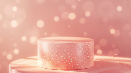 A textured cylindrical podium is placed on a pastel background with abstract polka dot patterns. Warm, diffused studio lighting adds a cozy touch, perfect for beauty products.の素材