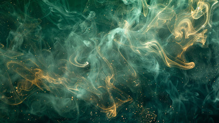 An abstract background with sparkling elements and elegant smoke, utilizing shades of emerald green and soft gold. The smoke should be wispy and delicate, with glittering accents creating a luxurious feel.の素材
