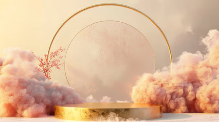 A stylish podium is set against a mockup background with a frame of smoke that loops around it. The background features a gradient from gold to beige, adding a touch of luxury and warmth to the product presentation.の素材