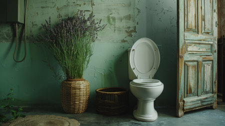 A rustic restroom with a white toilet bowl, a woven bin, a driftwood folding screen, and a potted lavender plant near a soft green wall. The atmosphere is earthy and inviting, perfect for a cozy cottage.の素材