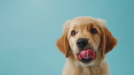A funny and hungry retriever golden puppy dog eating and licking its lips with tongue. Isolated on a light blue pastel background.の素材