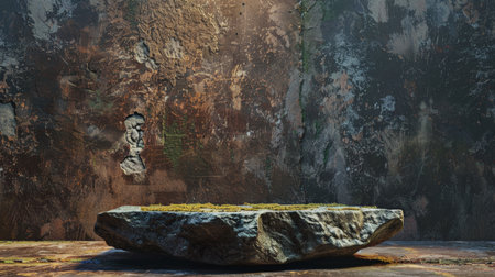 A rough, granite rock podium is set against a brown cement wall with a mossy texture. Warm, green-tinted studio lighting creates a natural atmosphere.の素材