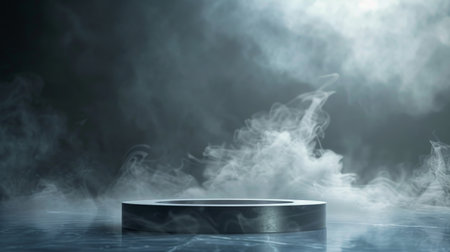 A sleek podium stands in the foreground with a frame of swirling smoke behind it. The mockup background has a gradient effect, transitioning from dark to light, creating a dynamic setting for product presentation.の素材