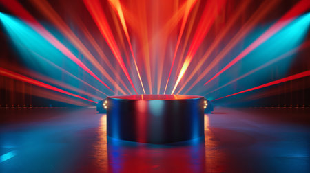 A glossy cylindrical podium is placed on a background with abstract starburst patterns in blue and red. Bright studio lights create a vibrant atmosphere for showcasing products.の素材