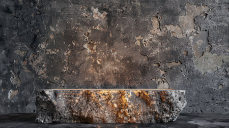 A matte rock podium with a rough, grainy texture is placed in front of a dark, cracked cement wall. Warm, amber studio lights create a cozy atmosphere, ideal for rustic-themed product displays.の素材