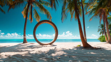 A calm beach scene featuring a wooden circle on white sand, encircled by palm trees. The clear blue ocean stretches out under a bright, sunny sky.の素材