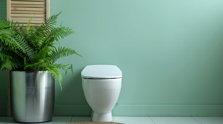 A stylish restroom featuring a white toilet bowl, a metallic silver bin, a wooden folding screen, and a lush fern near a pastel green wall. The design combines natural elements with modern fixtures for a refreshing look.の素材