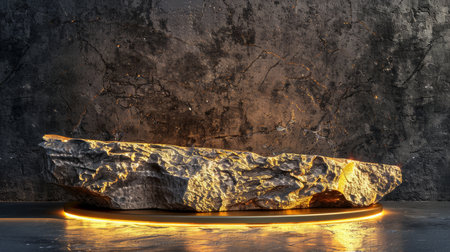 A rock podium with a shimmering gold surface stands isolated against a dark, weathered cement wall. Soft, yellow studio lighting enhances the rich texture, creating a luxurious setting for high-end product displays.の素材