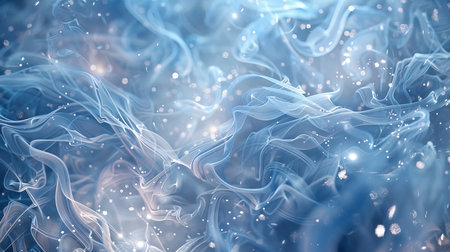 A sparkling abstract background with elegant smoke, utilizing icy blues and silvers. The smoke should have a cool, ethereal quality, complemented by glistening, frosty accents.の素材