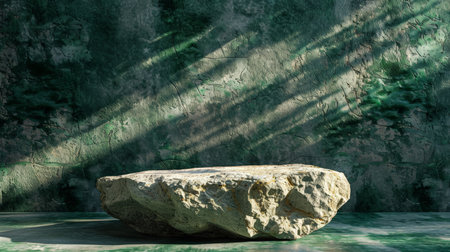 A polished granite rock podium stands against a forest green cement wall. Cool, green studio lights create a lush, natural environment.の素材