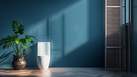 A modern restroom with a white toilet bowl, a sleek metal bin, a wooden slatted folding screen, and a monstera plant near a deep blue wall. The setting is stylish and contemporary, ideal for a chic urban apartment.の素材