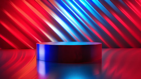 A glossy cylindrical podium is set against a background with abstract zigzag lines in red and blue. Bright studio lights highlight the podium, ideal for showcasing products.の素材