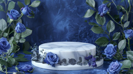 Marble stone podium stand for cosmetics on a rich royal blue abstract background. Surround with blue roses and deep green leaves for a sophisticated and elegant display.の素材