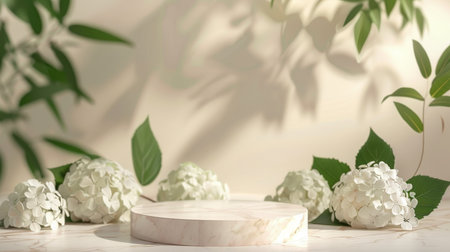 Marble stone podium stand for cosmetics on a soft cream abstract background. Enhance with white hydrangeas and light green leaves for a sophisticated and timeless look.の素材