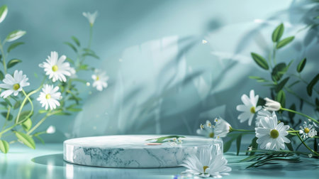 Marble stone podium stand for cosmetics on a soft pastel blue abstract background. Enhance the scene with white daisies and delicate green leaves for a light and airy feel.の素材
