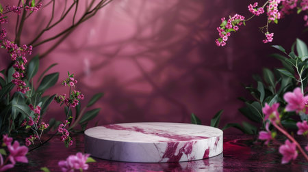 Marble stone podium stand for cosmetics on a rich plum abstract background. Surround with plum blossoms and deep green leaves for a sophisticated and elegant look.の素材