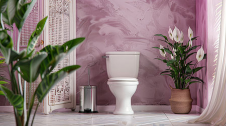 An elegant restroom with a white toilet bowl, a chrome bin, a decorative folding screen, and a peace lily plant near a lavender wall. The atmosphere is serene and sophisticated, perfect for a luxury home.の素材