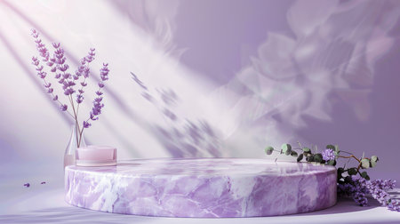 Marble stone podium stand for cosmetics on a soft lavender abstract background. Enhance the setting with lavender flowers and eucalyptus leaves for a calm and soothing ambiance.の素材