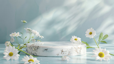 Marble stone podium stand for cosmetics on a soft pastel blue abstract background. Enhance the scene with white daisies and delicate green leaves for a light and airy feel.の素材