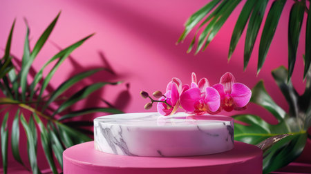 Marble stone podium stand for cosmetics on a vibrant magenta abstract background. Add fuchsia orchids and dark green leaves for a bold and striking display.の素材
