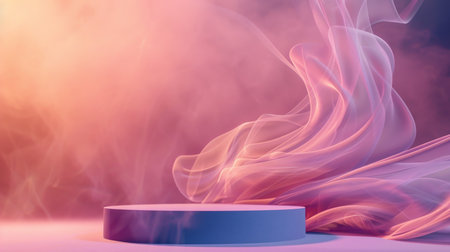 An elegant podium is set against a mockup background with a frame of smoke that curls gracefully around it. The background has a soft pink to purple gradient, creating a serene and stylish scene for product display.の素材