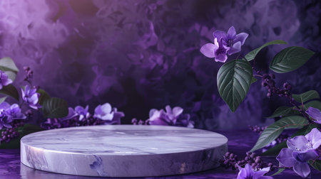 Marble stone podium stand for cosmetics on a deep purple abstract background. Adorn with violet flowers and dark green leaves for a rich and opulent look.の素材