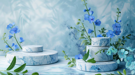 Marble stone podium stand for cosmetics on a pale blue abstract background. Decorate with blue delphiniums and fresh green leaves for a serene and calming display.の素材
