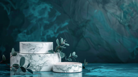 Marble stone podium stand for cosmetics on a deep teal abstract background. Adorn with teal flowers and dark green foliage for a luxurious and calming display.の素材