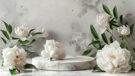 Marble stone podium stand for cosmetics on a light gray abstract background. Decorate with white peonies and soft green leaves for a clean and elegant appearance.の素材