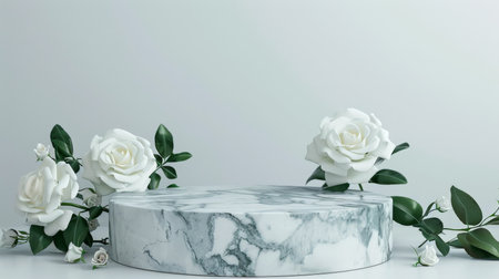 Marble stone podium for product display on a minimalist white abstract background. Decorate with white roses and emerald green leaves for a clean and sophisticated appearance.の素材