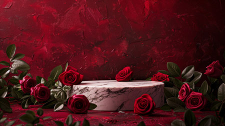 Marble stone podium stand for cosmetics on a deep red abstract background. Surround with red roses and dark green leaves for a passionate and luxurious display.の素材