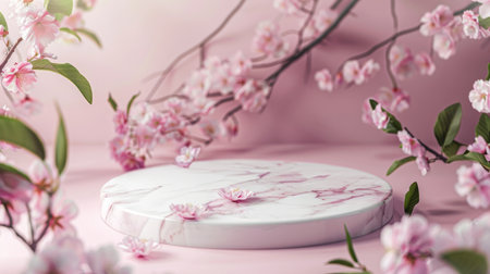 Marble stone podium stand for cosmetics on a pale pink abstract background. Surround with pink cherry blossoms and fresh green leaves for a romantic and delicate display.の素材
