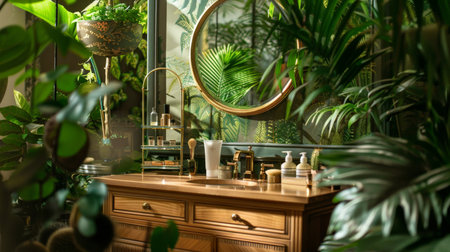 Luxurious bathroom interior with a wooden vanity and a gold-framed mirror. A glass stand holds an assortment of cosmetics, surrounded by lush green plants for a natural touch.の素材