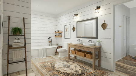 Modern farmhouse bathroom with a shiplap wall, white vanity, and a rustic wooden stand for cosmetics. The space features a mix of vintage and contemporary elements for a charming look.の素材