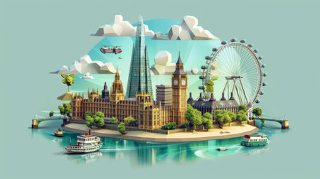 London on a small island, concept background. Illustration of iconic landmarks like Big Ben and the London Eye surrounded by water, highlighting the city's historic and modern essence.の素材