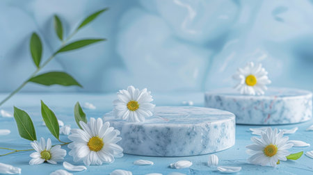 Marble stone podium stand for cosmetics on a soft pastel blue abstract background. Enhance the scene with white daisies and delicate green leaves for a light and airy feel.の素材