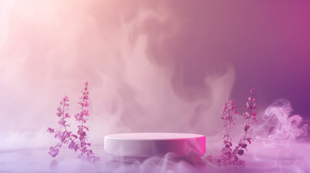 An elegant podium is set against a mockup background with a frame of smoke that curls gracefully around it. The background has a soft pink to purple gradient, creating a serene and stylish scene for product display.の素材
