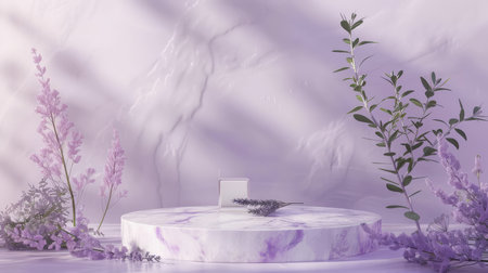 Marble stone podium stand for cosmetics on a soft lavender abstract background. Add lavender sprigs and green foliage for a soothing and elegant appearance.の素材