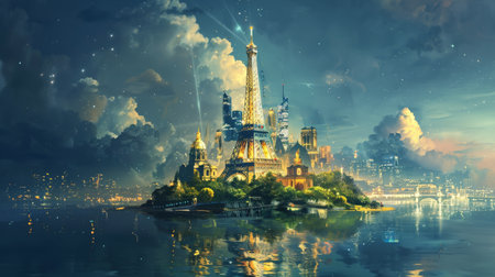 Paris on a small island, concept background. Illustration featuring the Eiffel Tower and other famous landmarks bathed in soft light, surrounded by tranquil water, emphasizing the elegance and charm of Paris.の素材