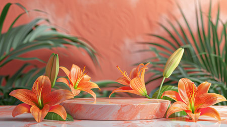 Marble stone podium stand for product display on a vibrant coral abstract background. Adorn the scene with bright orange lilies and tropical green leaves for a bold, summery look.の素材