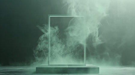 A refined podium stands in front of a mockup background with smoke forming a rectangular frame. The background features a transition from dark green to light green, enhancing the natural and sophisticated feel of the presentation.の素材