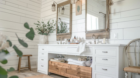 Modern farmhouse bathroom with a shiplap wall, white vanity, and a rustic wooden stand for cosmetics. The space features a mix of vintage and contemporary elements for a charming look.の素材