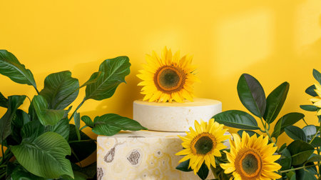 Marble stone podium stand for cosmetics on a vibrant yellow abstract background. Adorn with bright sunflowers and lush green leaves for a cheerful and lively display.の素材