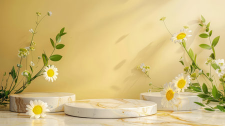 Marble stone podium stand for cosmetics on a soft pastel yellow abstract background. Decorate with yellow daisies and light green leaves for a cheerful and bright appearance.の素材