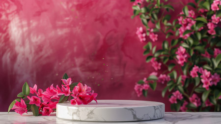 Marble stone podium stand for cosmetics on a vibrant fuchsia abstract background. Adorn with fuchsia flowers and dark green leaves for a bold and eye-catching look.の素材