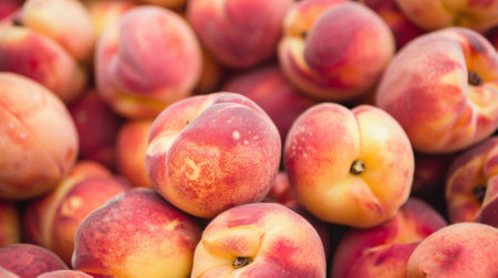 A close-up of fresh peaches, showing their fuzzy skin and vibrant orange color. The background is filled with an abundance of peaches, creating a visually appealing and delicious scene.の素材