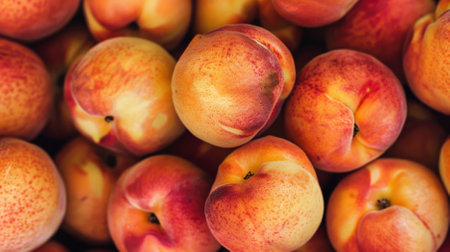 A close-up of fresh peaches, showing their fuzzy skin and vibrant orange color. The background is filled with an abundance of peaches, creating a visually appealing and delicious scene.の素材