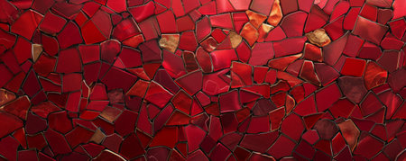 A crimson abstract background featuring a mosaic of small, irregular shapes in various shades of red, with some pieces highlighted in gold and bronze to create a shimmering effect.の素材